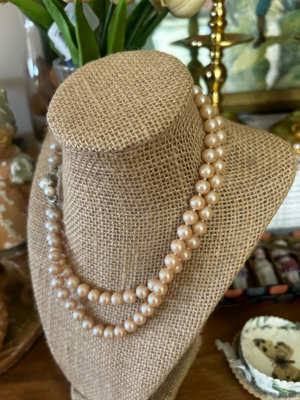 Classic Double-Strand Peach Pearl Necklace Vintage - Picture 2 of 7